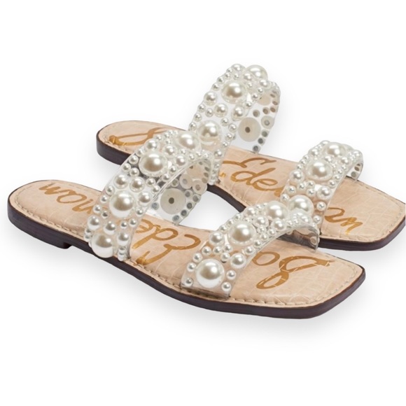 Sam Edelman Shoes - Sam Edelman Eleana Faux Pearl Embellished Flat Sandals Slip-On Textured Clear